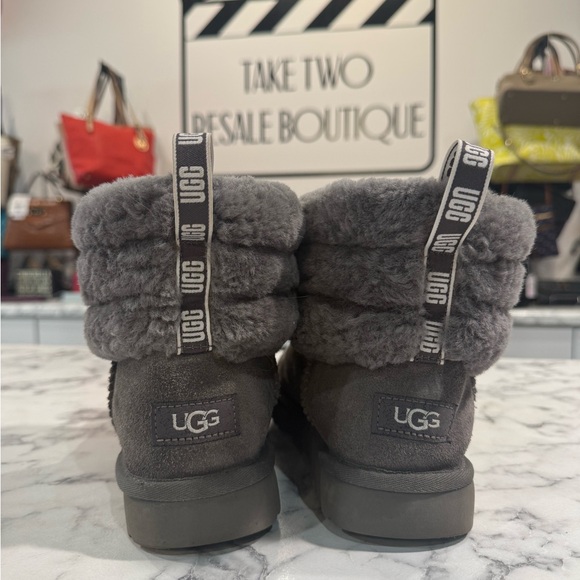 UGG Shoes - UGG Mini Fluff Quilted Cuff Charcoal Gray Suede Sheepskin Boots Size 8 Women